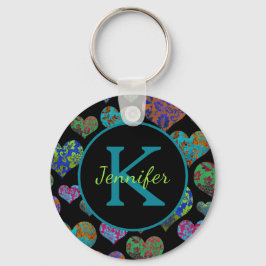 Blauwgroen kleurige florale harten initiaal naam m sleutelhanger