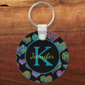 Blauwgroen kleurige florale harten initiaal naam m sleutelhanger (Voorkant)