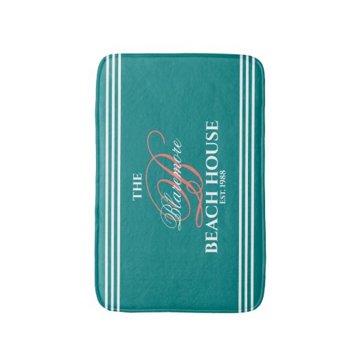 Blauwgroen Kleurkoraal Initiaal White Stripes Beac Badmat (Voorkant Verticaal)