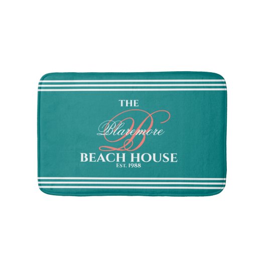Blauwgroen Kleurkoraal Initiaal White Stripes Beac Badmat (Voorkant)
