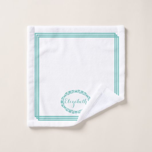 Blauwgroen Kleurnaam in Bloemenovalen met Rechthoe Bad Handdoek (Wasdoekje)