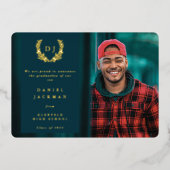 Blauwgroen kondiging van Monogram + Afstuderen van Folie Uitnodiging (Voorkant)