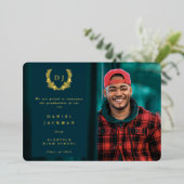 Blauwgroen kondiging van Monogram + Afstuderen van Folie Uitnodiging (Staand Voorkant)