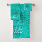 Blauwgroen koningsblauw groen druppels naam bad handdoek (Insitu)