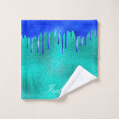Blauwgroen koningsblauw groen druppels naam bad handdoek (Wasdoekje)