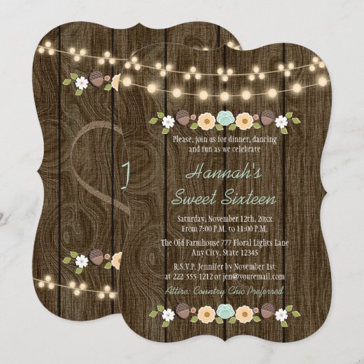 Blauwgroen Koord van Lights Rustic Sweet 16 Kaart (Voorkant / Achterkant)