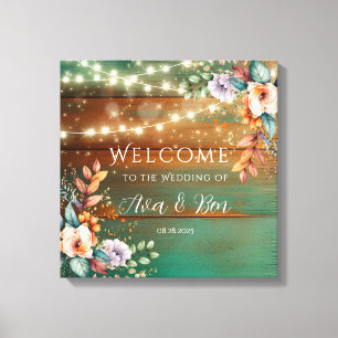 Blauwgroen Koper Hout Bloemen Licht Bruiloft Welko Canvas Afdruk