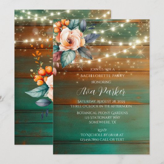 Blauwgroen Koper Hout Pioen Licht Bachelorette Par Kaart (Voorkant / Achterkant)