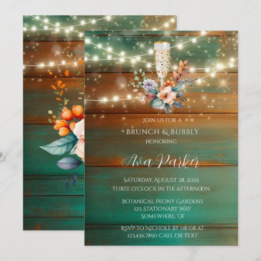 Blauwgroen koperen houten pioen licht brunch & bub kaart (Voorkant / Achterkant)