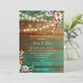 Blauwgroen koperen houten pioenverlichting bruilof kaart (Staand voorkant)