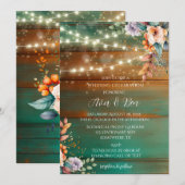 Blauwgroen koperen houten pioenverlichting bruilof kaart (Voorkant / Achterkant)