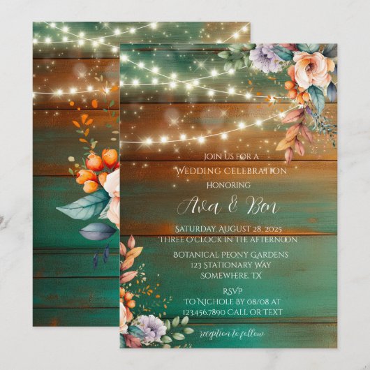 Blauwgroen koperen houten pioenverlichting bruilof kaart (Voorkant / Achterkant)