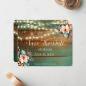 Blauwgroen koperhouten bloemlicht bewaar de datum notitiekaartje (Voorkant / Achterkant in situ)