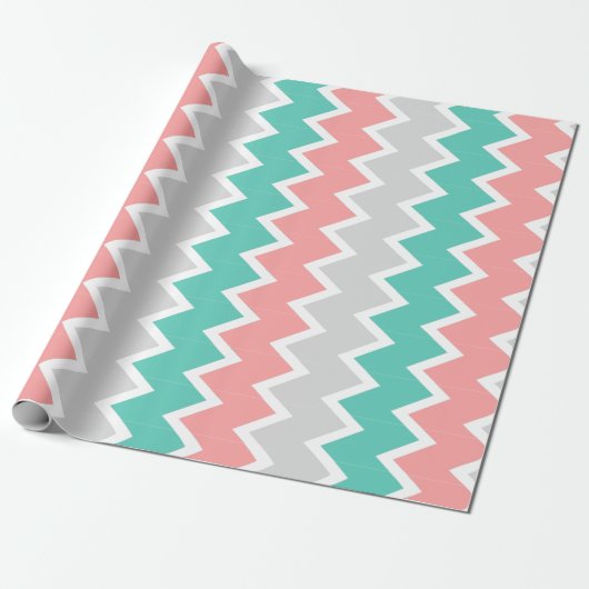 Blauwgroen, koraal- en grijs chevron-verpakkingspa cadeaupapier (Uitgerold)
