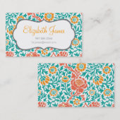 Blauwgroen koraal en Oranje retro Floral Damask Visitekaartje (Voorkant / Achterkant)