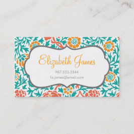 Blauwgroen koraal en Oranje retro Floral Damask Visitekaartje