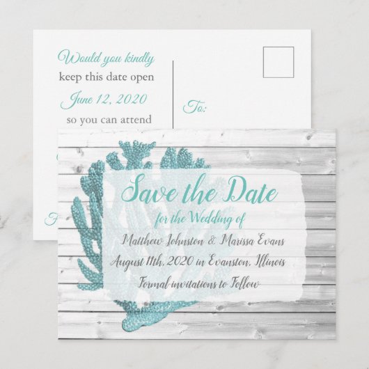 Blauwgroen koraal gepersonaliseerd Save the Date B Briefkaart (Voorkant / Achterkant)