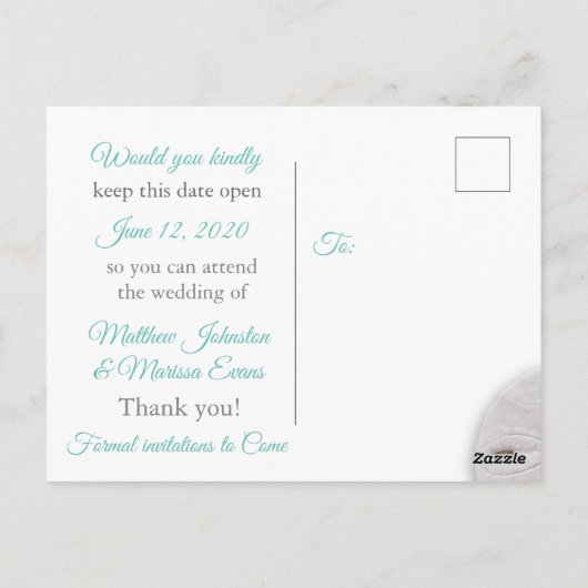 Blauwgroen koraal gepersonaliseerd Save the Date B Briefkaart (Achterkant)