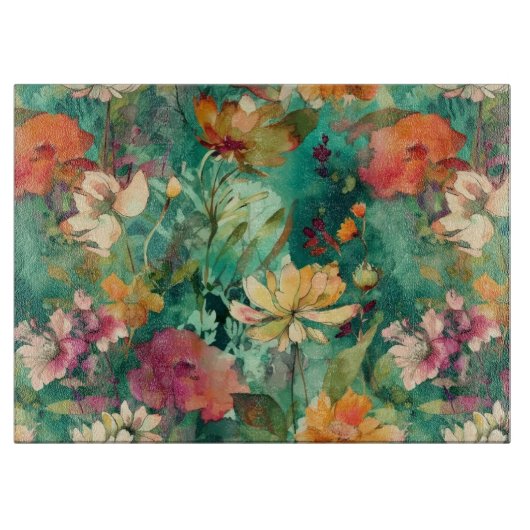 Blauwgroen, Koraal & Mauve Modern Art Glass Snijplank (Voorkant)