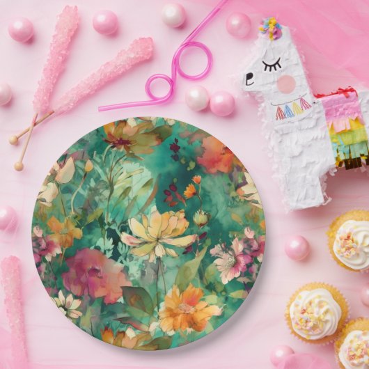 Blauwgroen, Koraal & Mauve Moderne Kunst Bloemen Papieren Bordje (Feest)