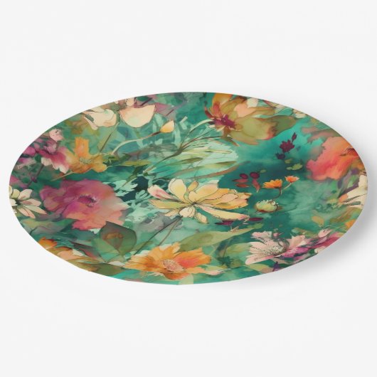 Blauwgroen, Koraal & Mauve Moderne Kunst Bloemen Papieren Bordje (Gekanteld)