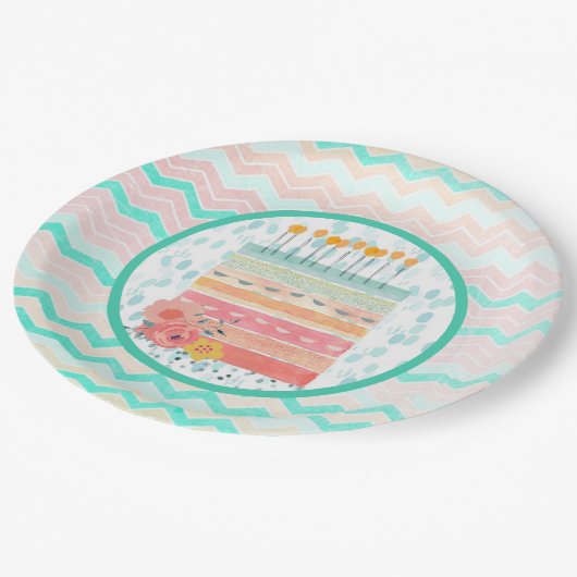 Blauwgroen & Koraal Verjaardagstaart Party Papier  Papieren Bordje (Gekanteld)