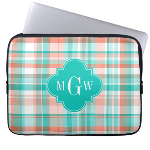 Blauwgroen koraalwit preppy Madras Monogram Laptop Sleeve