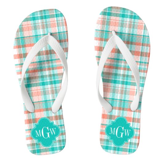 Blauwgroen koraalwit preppy Madras Monogram Teenslippers (Voetbed)