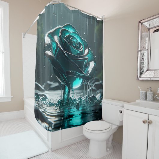 blauwgroen kristal Roos met vallende regendruppels Douchegordijn (In situ)