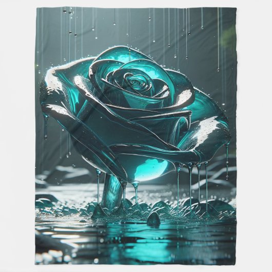 blauwgroen kristal Roos met vallende regendruppels Fleece Deken (Voorkant)