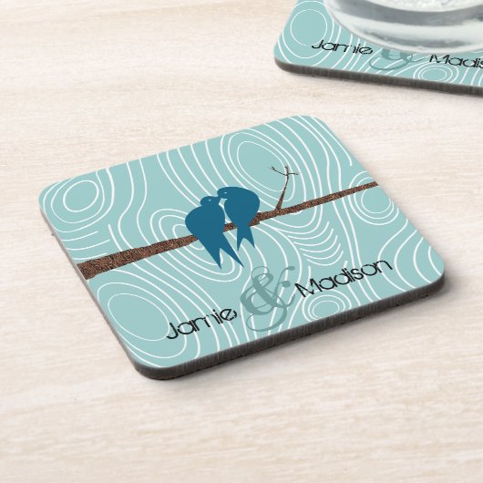 Blauwgroen kuil Tortelduifjes zitten in vogelkooi Onderzetter (Linkerzijde)