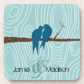 Blauwgroen kuil Tortelduifjes zitten in vogelkooi Onderzetter (Voorkant)