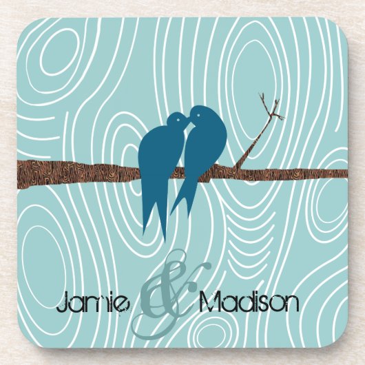 Blauwgroen kuil Tortelduifjes zitten in vogelkooi Onderzetter (Voorkant)