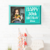 Blauwgroen Kunst Deco Beveled Foto Birthday Spandoek (Insitu)