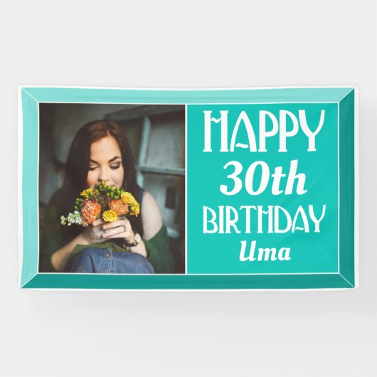 Blauwgroen Kunst Deco Beveled Foto Birthday Spandoek (Horizontaal)