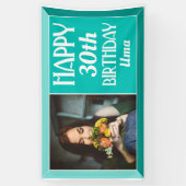 Blauwgroen Kunst Deco Beveled Foto Birthday Spandoek (Verticaal)