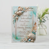 Blauwgroen kust zee shell bruiloft save the date (Staand voorkant)