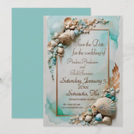 Blauwgroen kust zee shell bruiloft save the date