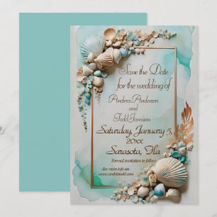 Blauwgroen kust zee shell bruiloft save the date