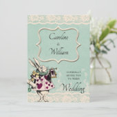 Blauwgroen Lace Alice in Wonderland Wedding Invita Kaart (Staand voorkant)