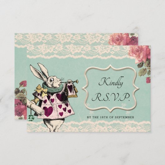 Blauwgroen Lace Alice in Wonderland Wedding RSVP K (Voorkant / Achterkant)
