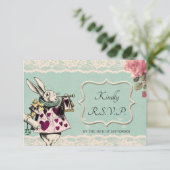Blauwgroen Lace Alice in Wonderland Wedding RSVP K (Staand voorkant)