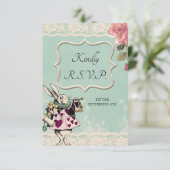 Blauwgroen Lace Alice in Wonderland Wedding RSVP K Kaartje (Staand voorkant)