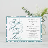 Blauwgroen Lace Script Faith Hope & Love Wedding Kaart (Staand voorkant)