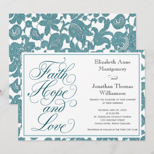 Blauwgroen Lace Script Faith Hope & Love Wedding Kaart (Voorkant / Achterkant)