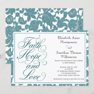 Blauwgroen Lace Script Faith Hope & Love Wedding Kaart