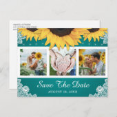 Blauwgroen Lace Sunflower Weddenfoto Save the Date Aankondigingskaart (Voorkant / Achterkant)