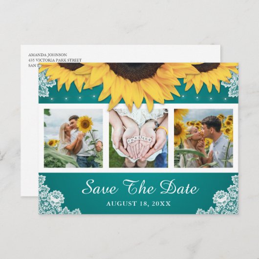 Blauwgroen Lace Sunflower Weddenfoto Save the Date Aankondigingskaart (Voorkant / Achterkant)