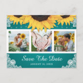 Blauwgroen Lace Sunflower Weddenfoto Save the Date Aankondigingskaart (Voorkant)