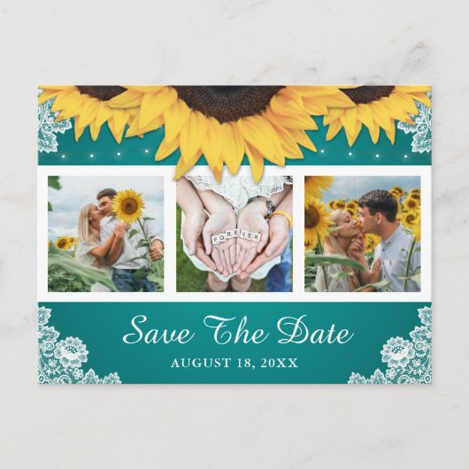 Blauwgroen Lace Sunflower Weddenfoto Save the Date Aankondigingskaart (Voorkant)
